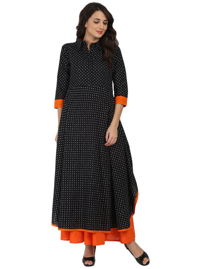 Black Printed 3/4Th Sleeve Pathani Shape Kurta | LASVINI - Redefining Indian Fashion with Elegance
