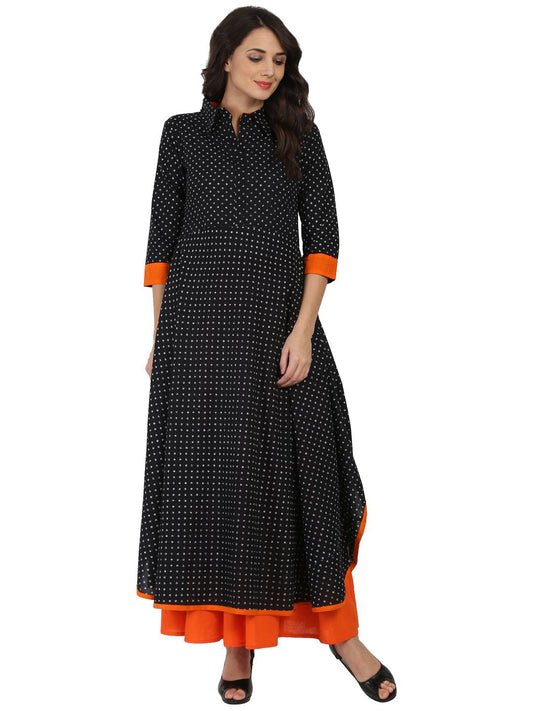 Black Printed 3/4Th Sleeve Pathani Shape Kurta | LASVINI - Redefining Indian Fashion with Elegance