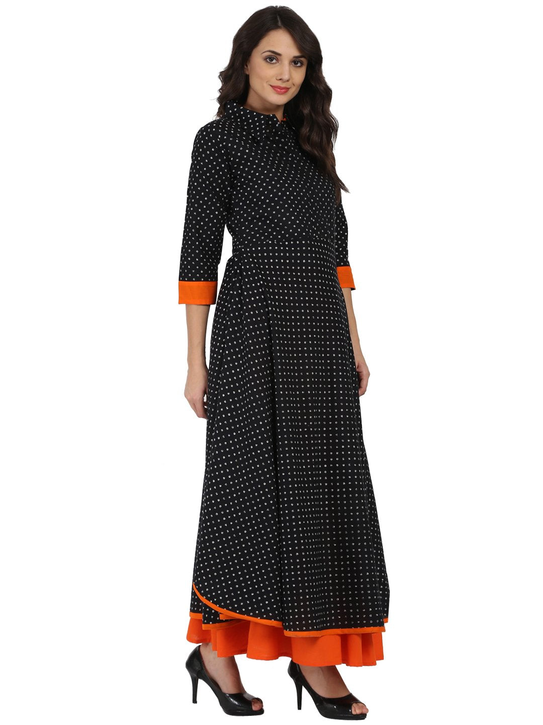 Black Printed 3/4Th Sleeve Pathani Shape Kurta | LASVINI - Redefining Indian Fashion with Elegance