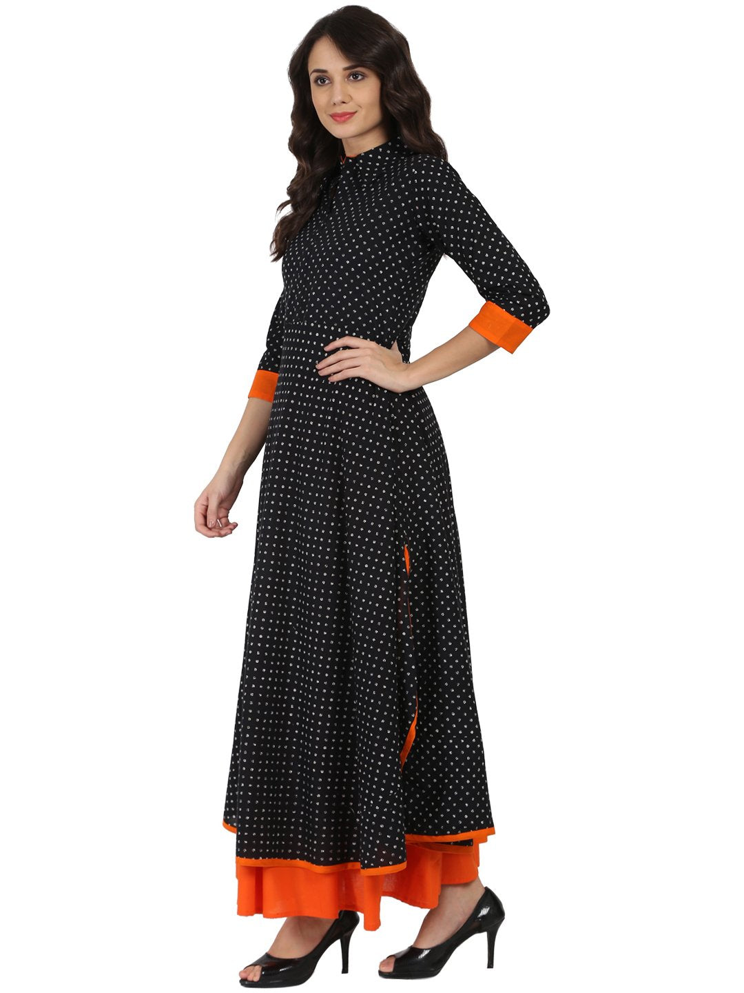 Black Printed 3/4Th Sleeve Pathani Shape Kurta | LASVINI - Redefining Indian Fashion with Elegance