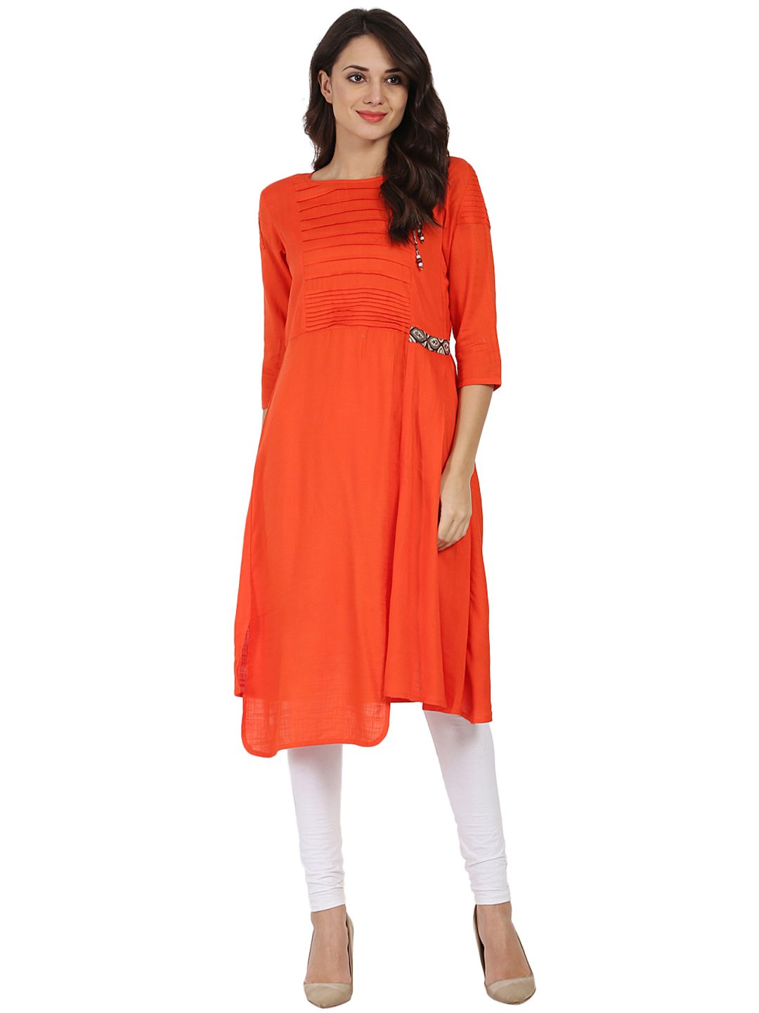 Orange 3/4Th Sleeve Rayon Slub A-Line Kurta With Pleat Work At Yoke | LASVINI - Redefining Indian Fashion with Elegance