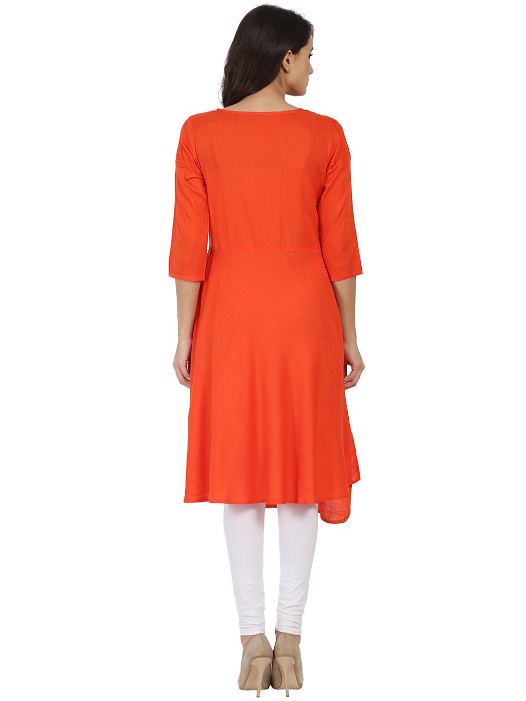 Orange 3/4Th Sleeve Rayon Slub A-Line Kurta With Pleat Work At Yoke | LASVINI - Redefining Indian Fashion with Elegance