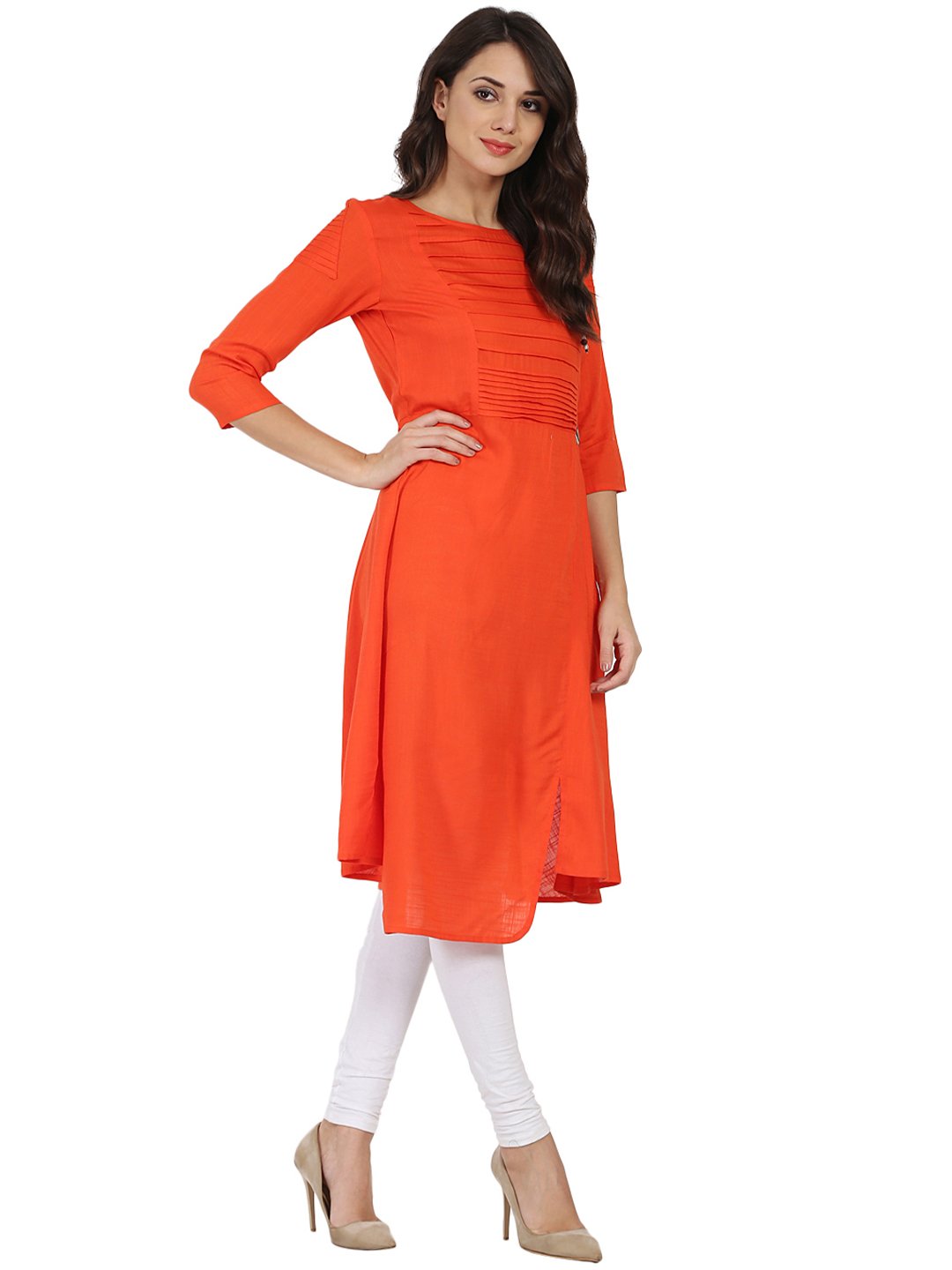Orange 3/4Th Sleeve Rayon Slub A-Line Kurta With Pleat Work At Yoke | LASVINI - Redefining Indian Fashion with Elegance