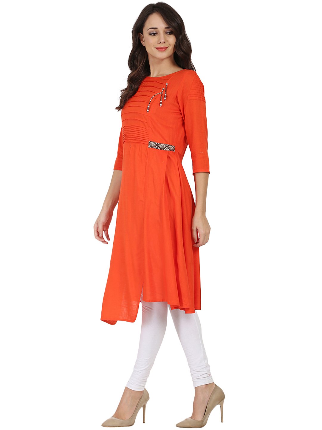 Orange 3/4Th Sleeve Rayon Slub A-Line Kurta With Pleat Work At Yoke | LASVINI - Redefining Indian Fashion with Elegance