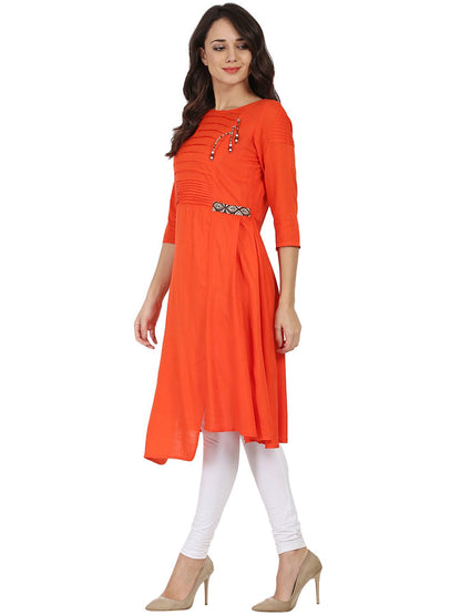 Orange 3/4Th Sleeve Rayon Slub A-Line Kurta With Pleat Work At Yoke | LASVINI - Redefining Indian Fashion with Elegance