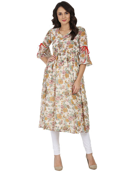 Off White Flower Printed 3/4Th Sleeve Georgette Anarkali Kurta | LASVINI - Redefining Indian Fashion with Elegance