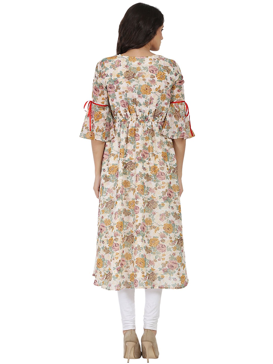 Off White Flower Printed 3/4Th Sleeve Georgette Anarkali Kurta | LASVINI - Redefining Indian Fashion with Elegance
