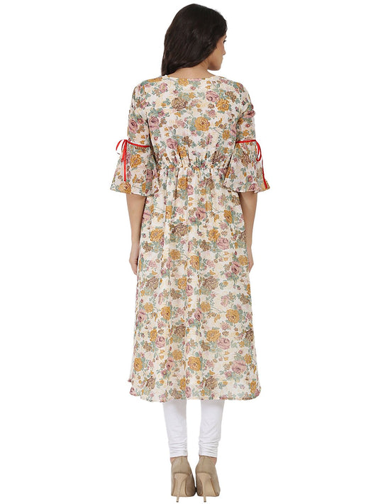 Off White Flower Printed 3/4Th Sleeve Georgette Anarkali Kurta | LASVINI - Redefining Indian Fashion with Elegance
