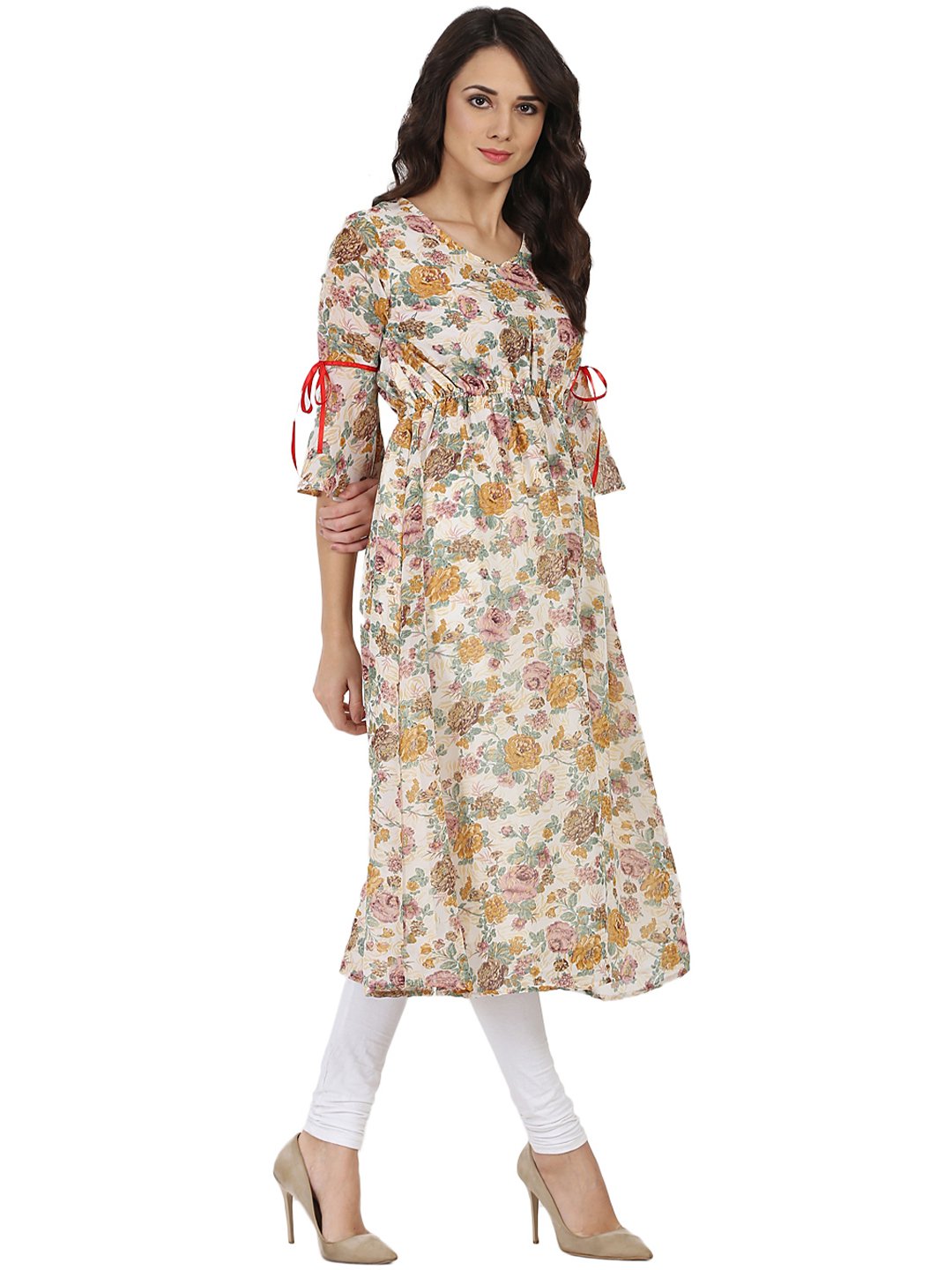 Off White Flower Printed 3/4Th Sleeve Georgette Anarkali Kurta | LASVINI - Redefining Indian Fashion with Elegance