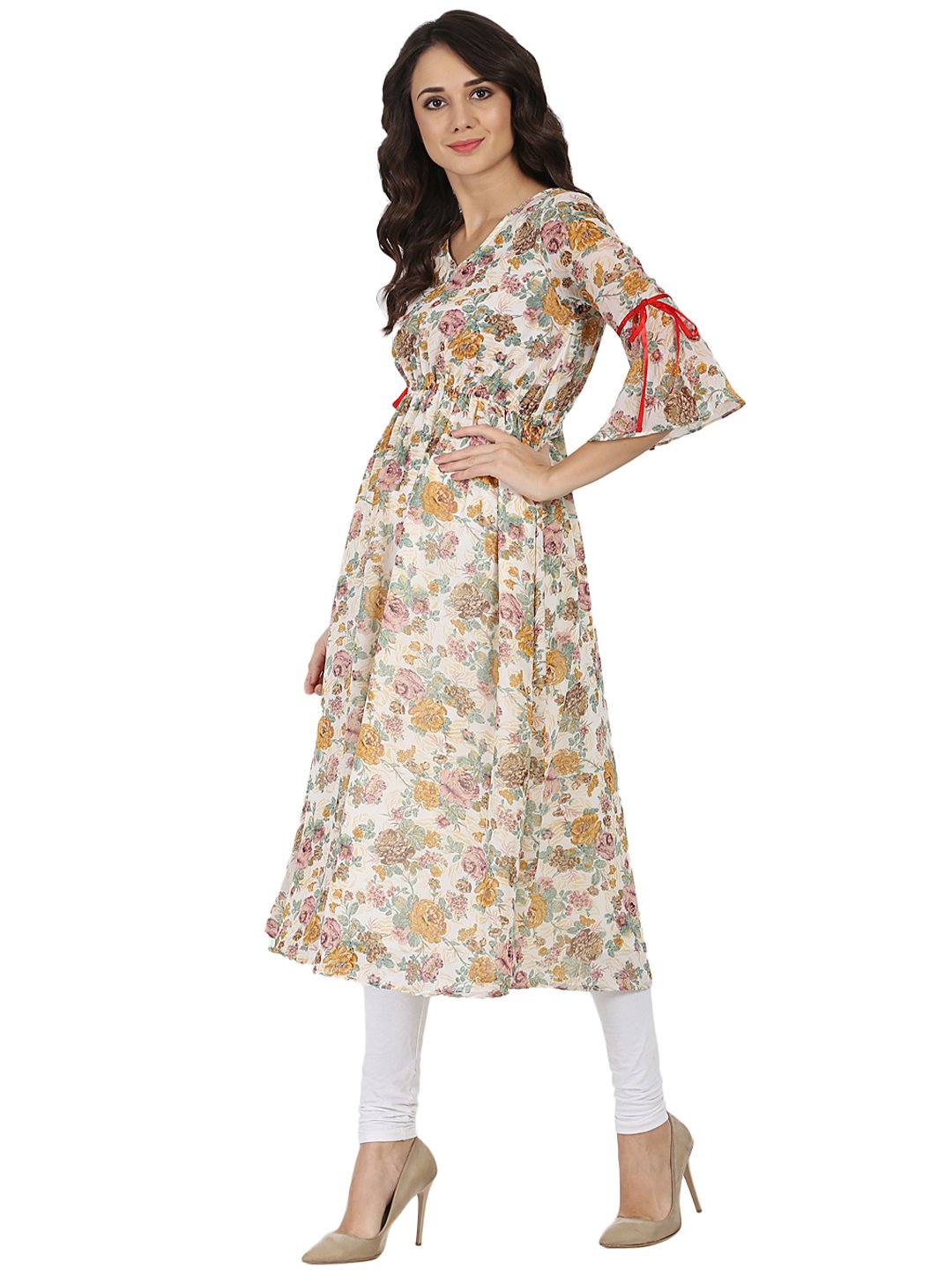 Off White Flower Printed 3/4Th Sleeve Georgette Anarkali Kurta | LASVINI - Redefining Indian Fashion with Elegance