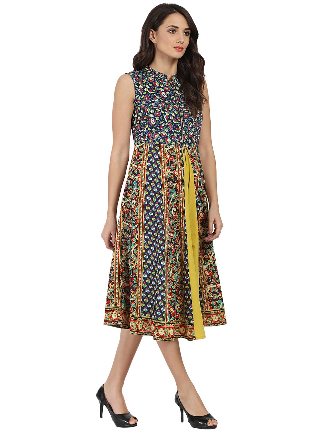 Blue & Yellow Printed Sleeveless Cotton Anarkali Kurta With Zip At Yoke | LASVINI - Redefining Indian Fashion with Elegance