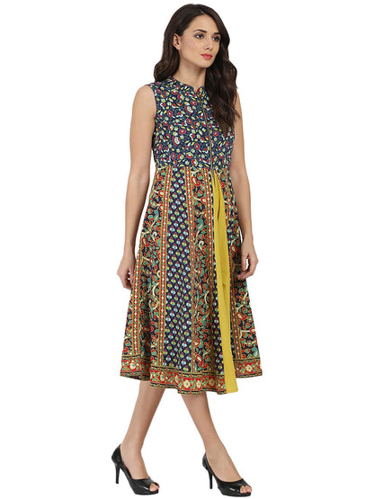 Blue & Yellow Printed Sleeveless Cotton Anarkali Kurta With Zip At Yoke | LASVINI - Redefining Indian Fashion with Elegance