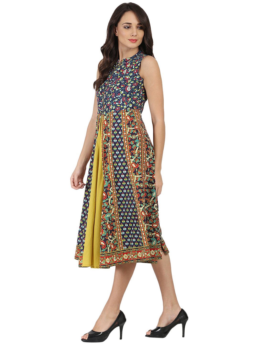 Blue & Yellow Printed Sleeveless Cotton Anarkali Kurta With Zip At Yoke | LASVINI - Redefining Indian Fashion with Elegance