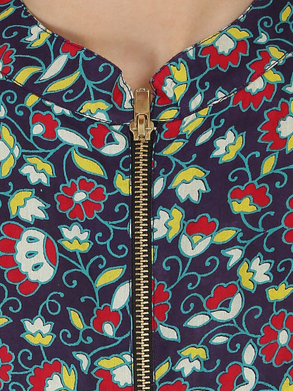 Blue & Yellow Printed Sleeveless Cotton Anarkali Kurta With Zip At Yoke | LASVINI - Redefining Indian Fashion with Elegance