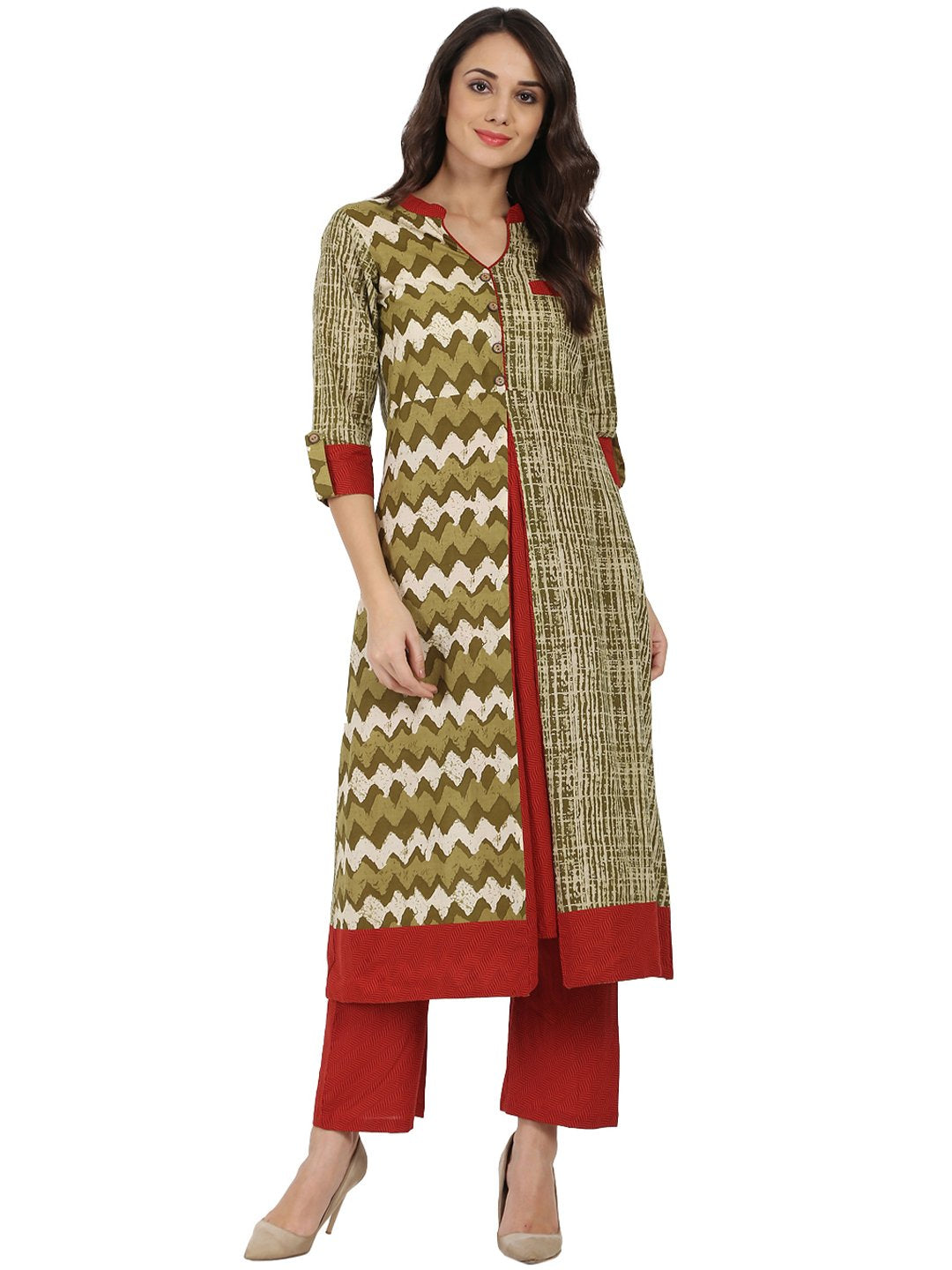 Green Printed 3/4Th Sleeve Cotton A-Line Kurta | LASVINI - Redefining Indian Fashion with Elegance