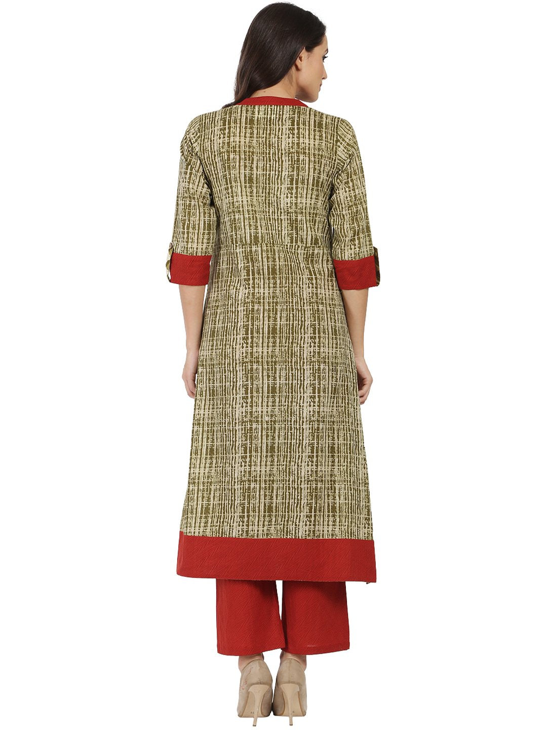 Green Printed 3/4Th Sleeve Cotton A-Line Kurta | LASVINI - Redefining Indian Fashion with Elegance