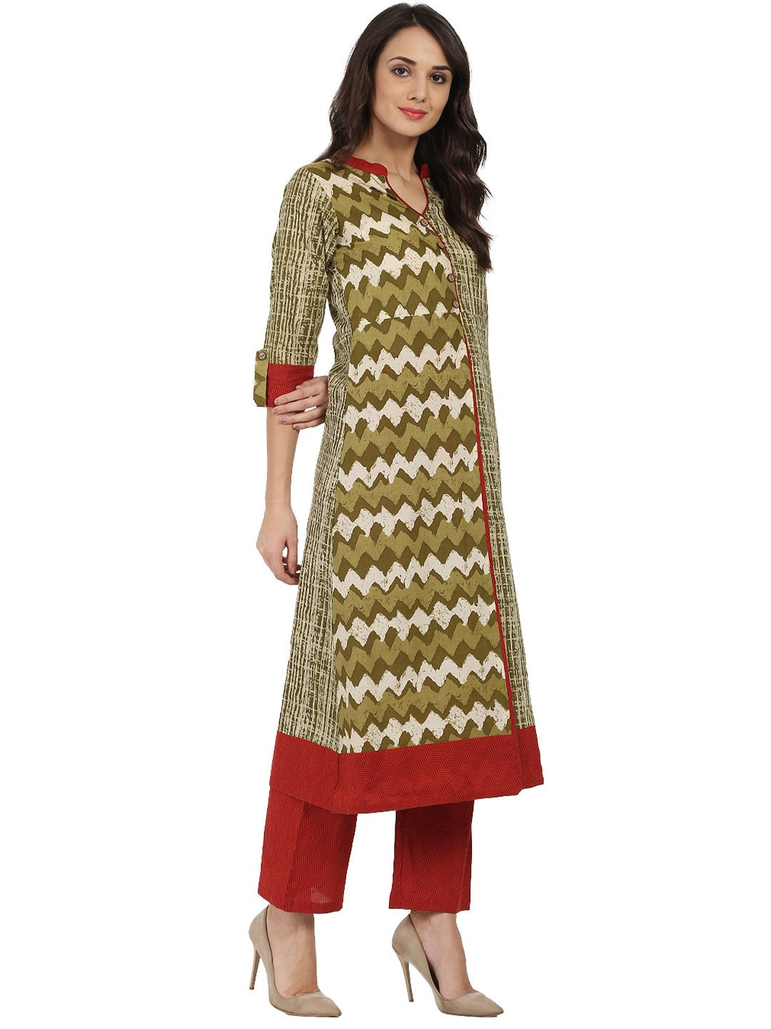 Green Printed 3/4Th Sleeve Cotton A-Line Kurta | LASVINI - Redefining Indian Fashion with Elegance