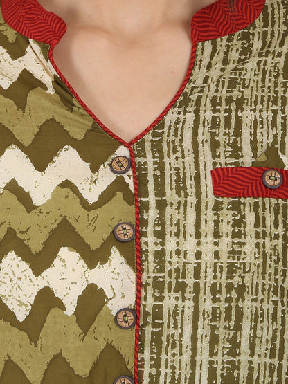 Green Printed 3/4Th Sleeve Cotton A-Line Kurta | LASVINI - Redefining Indian Fashion with Elegance