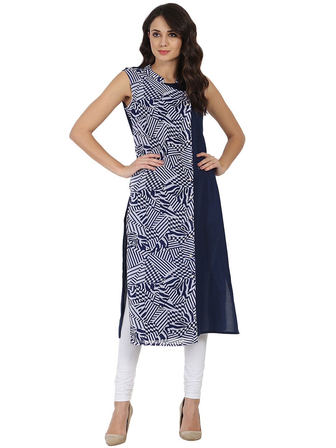 Blue Printed Sleeveless Georgette Angrakha Style Kurta | LASVINI - Redefining Indian Fashion with Elegance