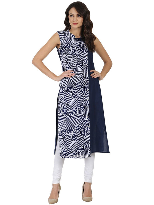 Blue Printed Sleeveless Georgette Angrakha Style Kurta | LASVINI - Redefining Indian Fashion with Elegance