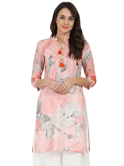 Peach Marval Printed 3/4Th Sleeve Cotton Kurta | LASVINI - Redefining Indian Fashion with Elegance