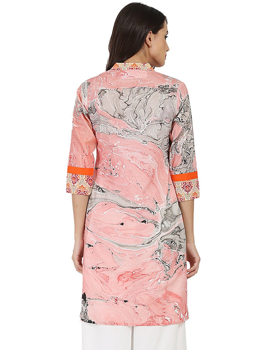 Peach Marval Printed 3/4Th Sleeve Cotton Kurta | LASVINI - Redefining Indian Fashion with Elegance