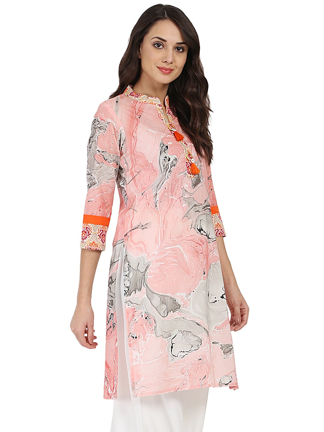 Peach Marval Printed 3/4Th Sleeve Cotton Kurta | LASVINI - Redefining Indian Fashion with Elegance