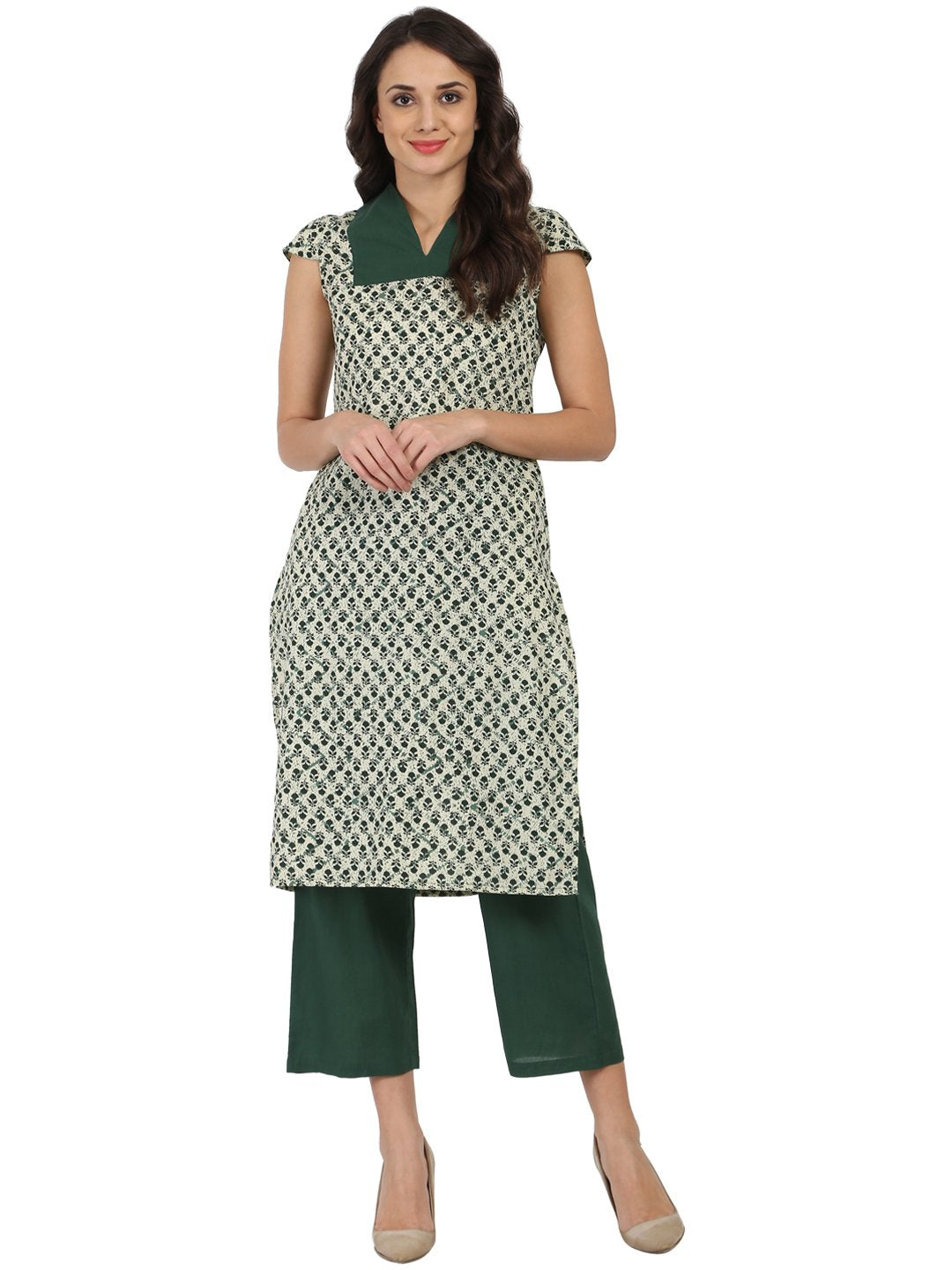 Green Sleeveless Cotton Kurta With Green Palazzo | LASVINI - Redefining Indian Fashion with Elegance