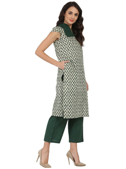Green Sleeveless Cotton Kurta With Green Palazzo | LASVINI - Redefining Indian Fashion with Elegance