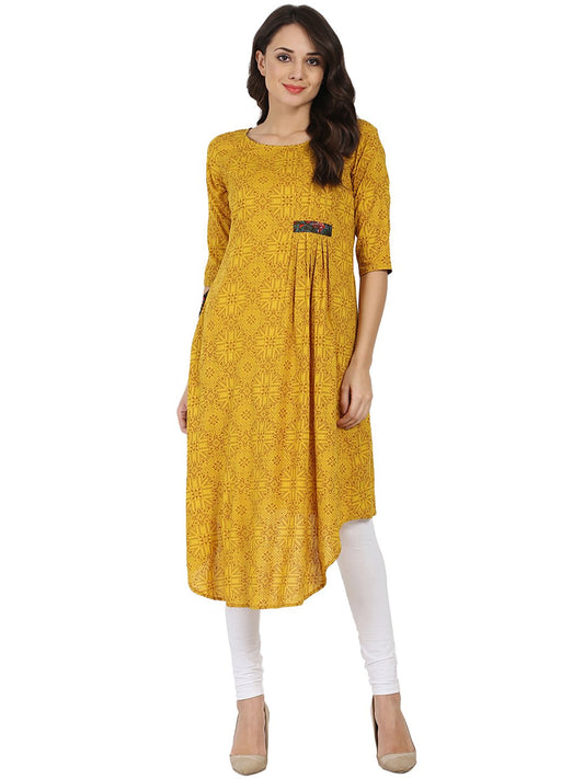 Yellow Printed Half Sleeve Rayon A-Line Kurta | LASVINI - Redefining Indian Fashion with Elegance