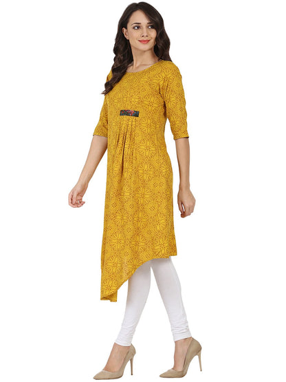 Yellow Printed Half Sleeve Rayon A-Line Kurta | LASVINI - Redefining Indian Fashion with Elegance