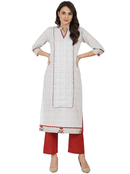 White Printed 3/4Th Sleeve Cotton A-Line Kurta | LASVINI - Redefining Indian Fashion with Elegance