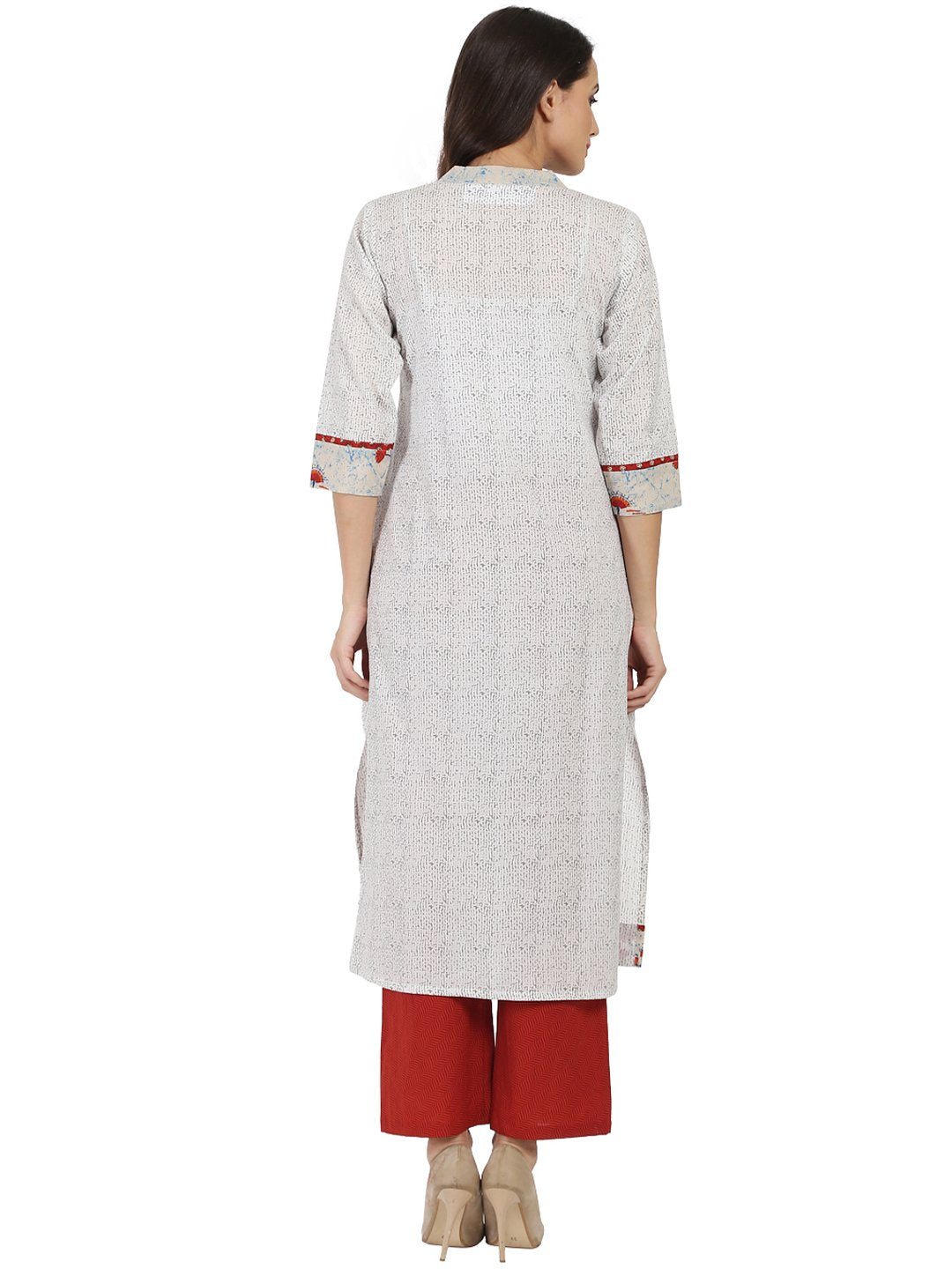 White Printed 3/4Th Sleeve Cotton A-Line Kurta | LASVINI - Redefining Indian Fashion with Elegance