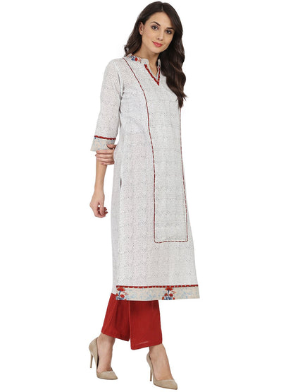 White Printed 3/4Th Sleeve Cotton A-Line Kurta | LASVINI - Redefining Indian Fashion with Elegance