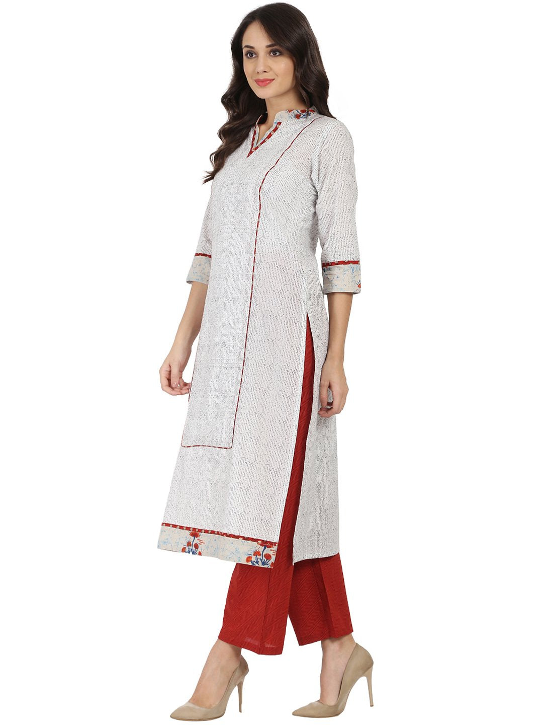White Printed 3/4Th Sleeve Cotton A-Line Kurta | LASVINI - Redefining Indian Fashion with Elegance