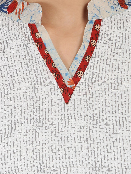 White Printed 3/4Th Sleeve Cotton A-Line Kurta | LASVINI - Redefining Indian Fashion with Elegance