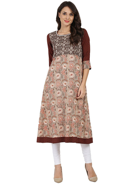 Brown Printed 3/4Th Sleeve Cotton   A-Line Kurta | LASVINI - Redefining Indian Fashion with Elegance