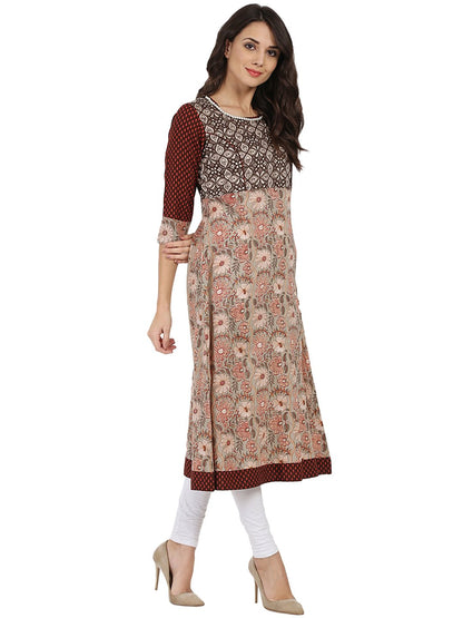 Brown Printed 3/4Th Sleeve Cotton   A-Line Kurta | LASVINI - Redefining Indian Fashion with Elegance