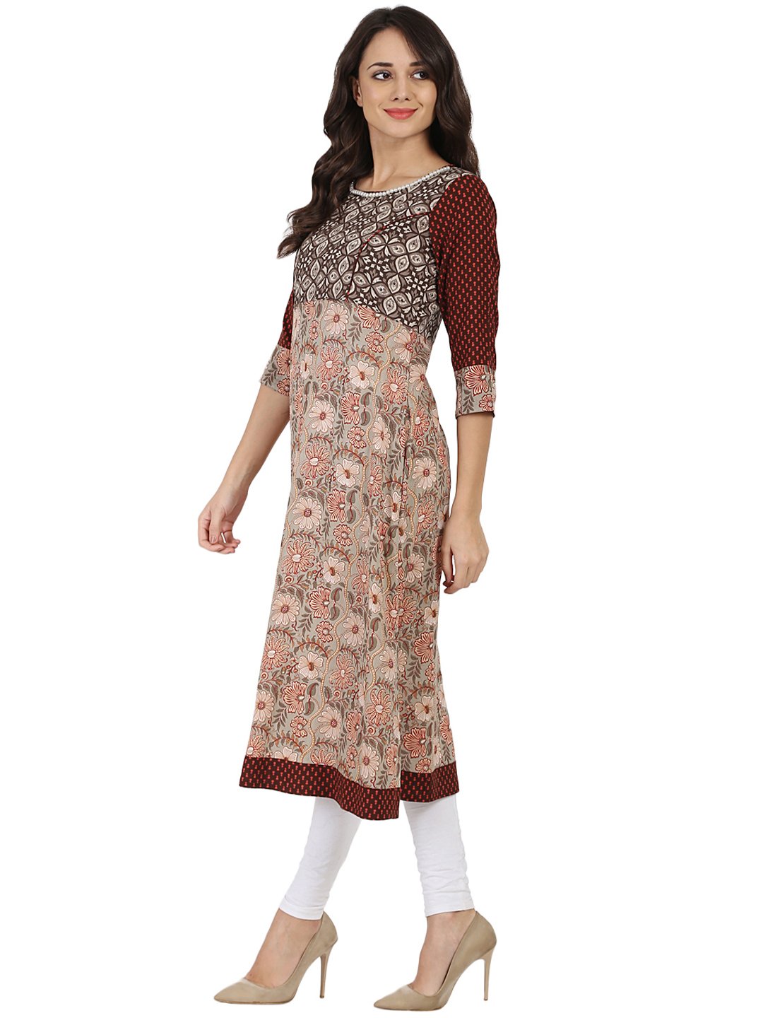 Brown Printed 3/4Th Sleeve Cotton   A-Line Kurta | LASVINI - Redefining Indian Fashion with Elegance