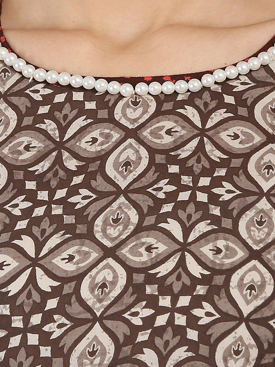 Brown Printed 3/4Th Sleeve Cotton   A-Line Kurta | LASVINI - Redefining Indian Fashion with Elegance
