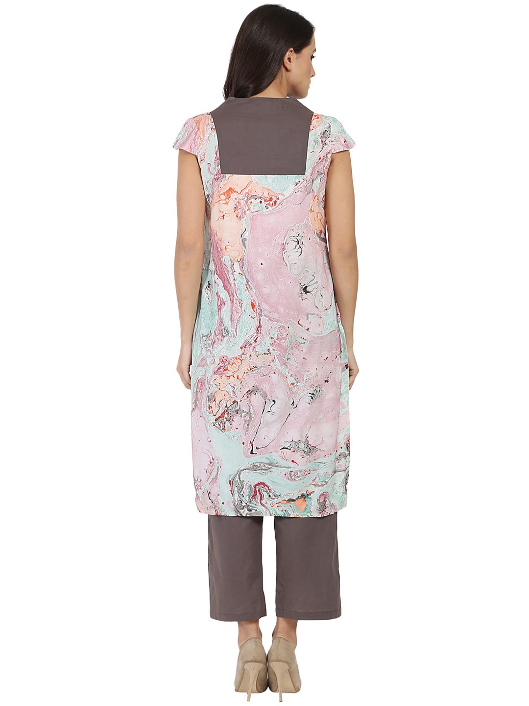 Multi Marbal Printed Cotton Sleeveless Kurta With Grey Palazzo | LASVINI - Redefining Indian Fashion with Elegance