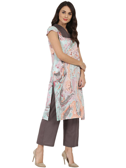 Multi Marbal Printed Cotton Sleeveless Kurta With Grey Palazzo | LASVINI - Redefining Indian Fashion with Elegance