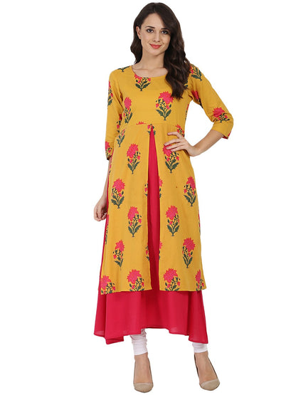 Mustard & Pink Printed 3/4Th Sleeve Cotton Double Layer Kurta | LASVINI - Redefining Indian Fashion with Elegance