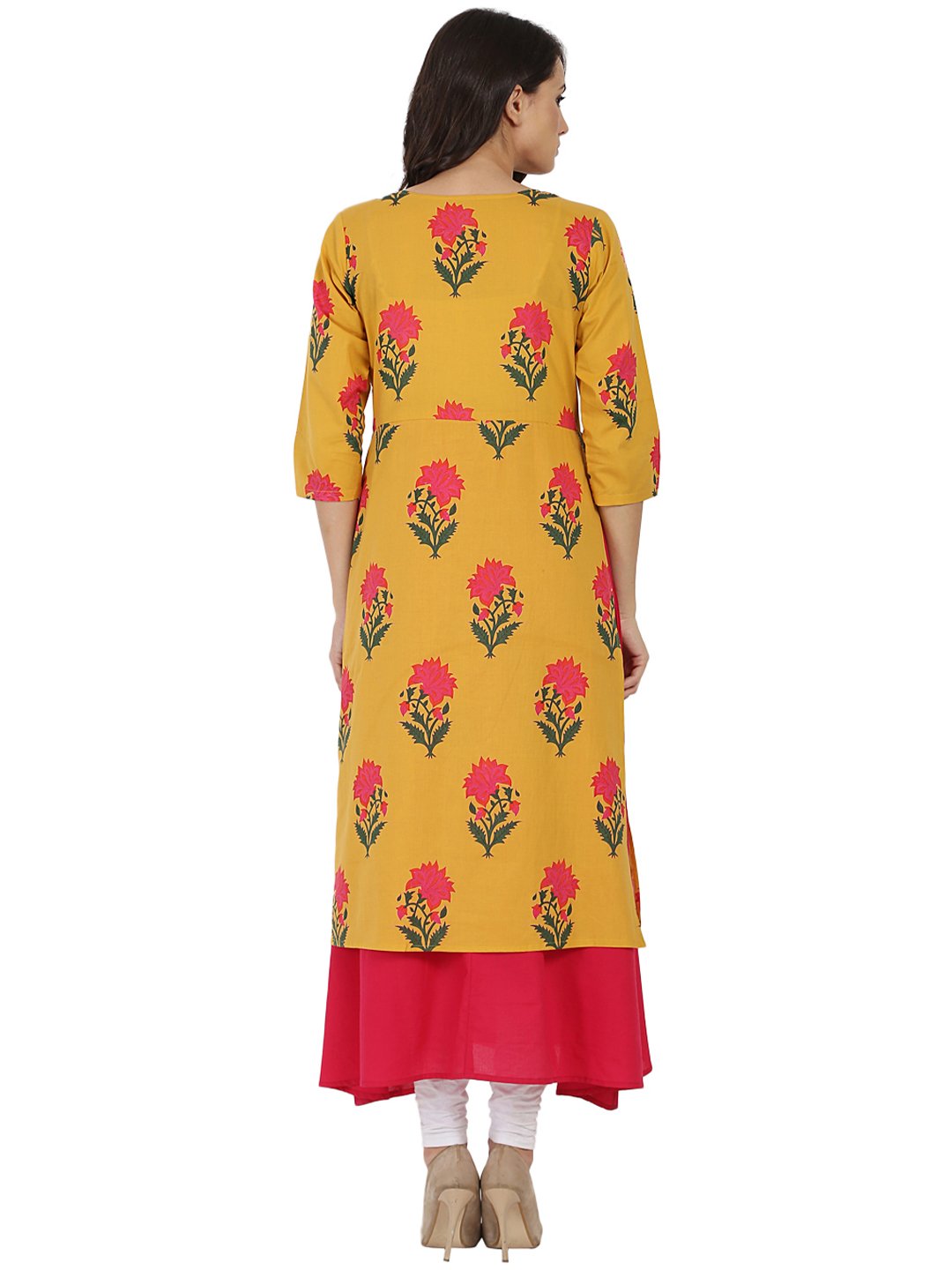 Mustard & Pink Printed 3/4Th Sleeve Cotton Double Layer Kurta | LASVINI - Redefining Indian Fashion with Elegance