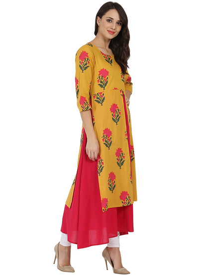 Mustard & Pink Printed 3/4Th Sleeve Cotton Double Layer Kurta | LASVINI - Redefining Indian Fashion with Elegance