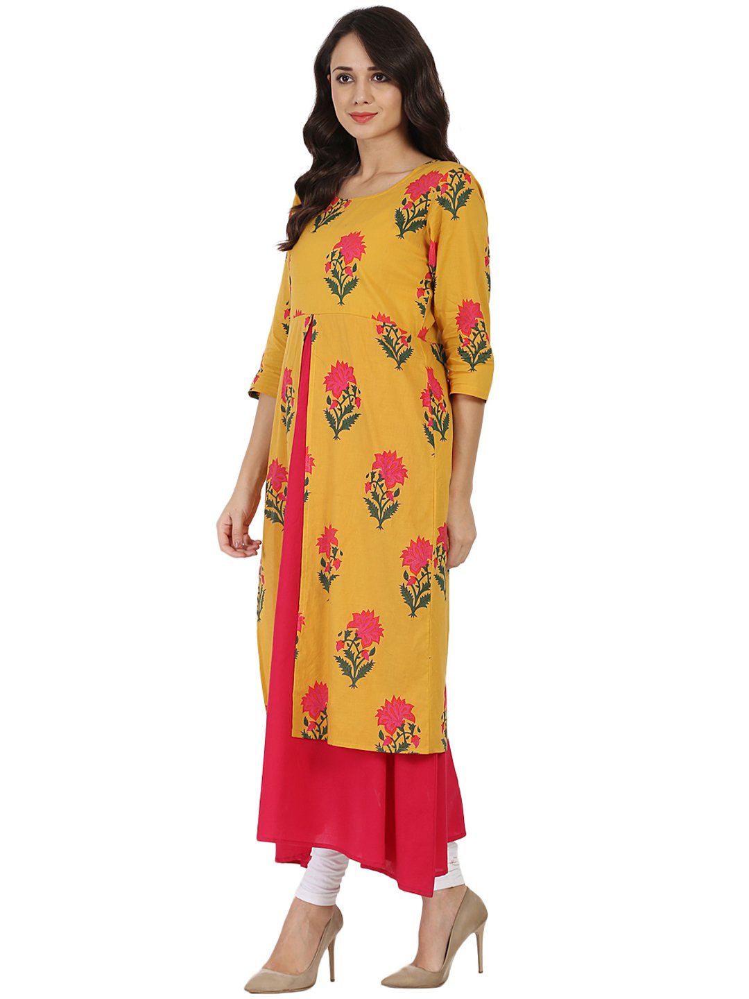 Mustard & Pink Printed 3/4Th Sleeve Cotton Double Layer Kurta | LASVINI - Redefining Indian Fashion with Elegance