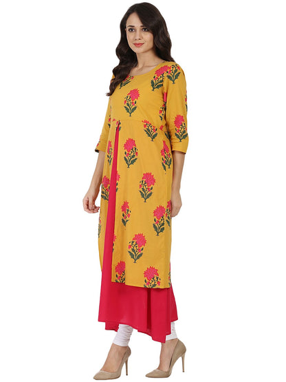 Mustard & Pink Printed 3/4Th Sleeve Cotton Double Layer Kurta | LASVINI - Redefining Indian Fashion with Elegance
