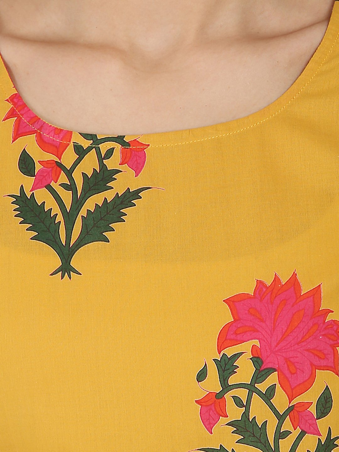 Mustard & Pink Printed 3/4Th Sleeve Cotton Double Layer Kurta | LASVINI - Redefining Indian Fashion with Elegance