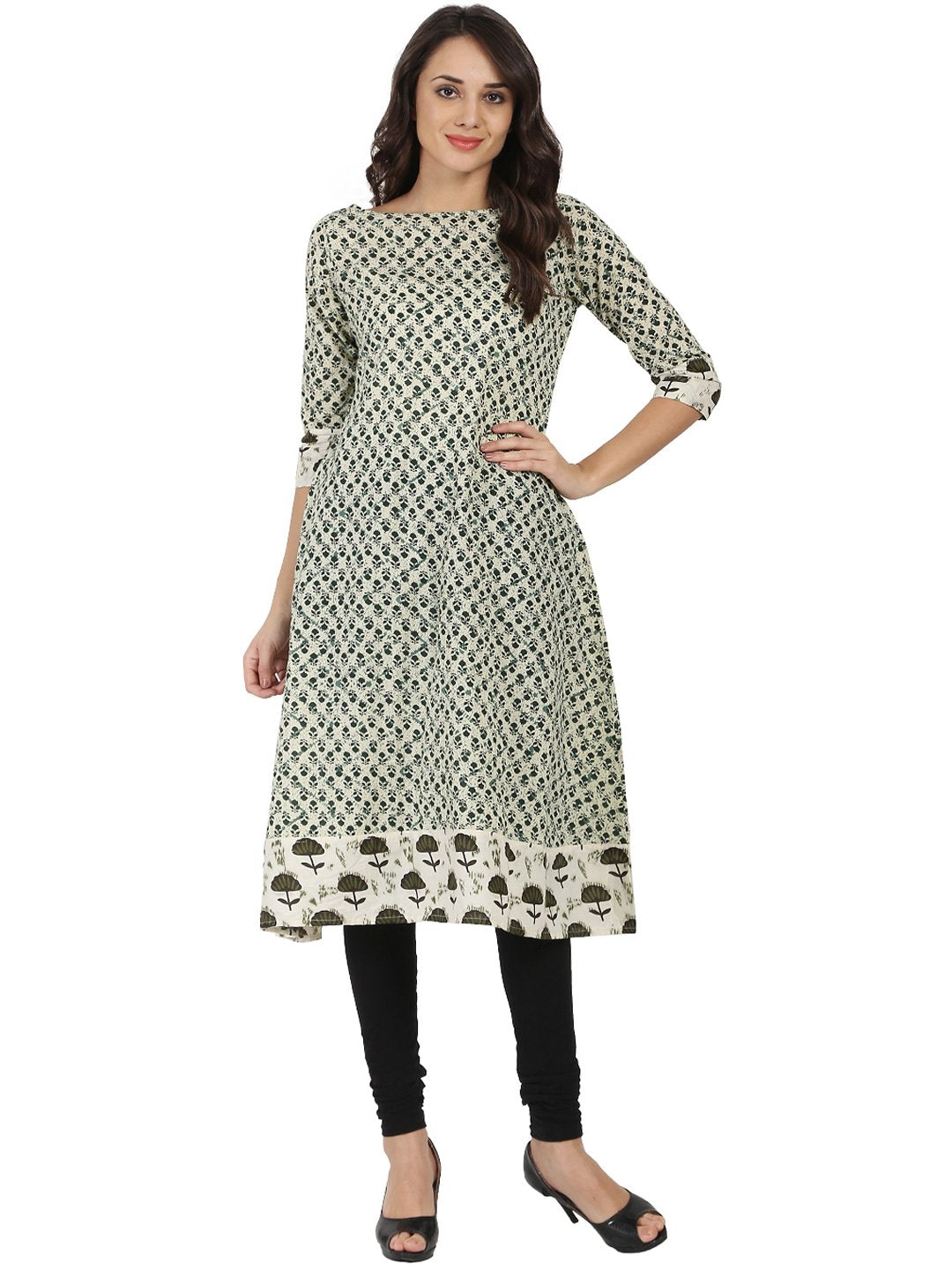 Off White Printed 3/4Th Sleeve Cotton A-Line Kurta | LASVINI - Redefining Indian Fashion with Elegance