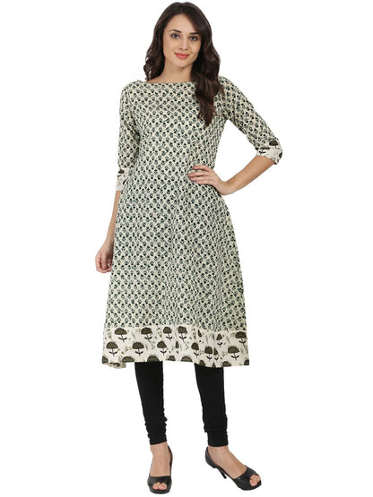 Off White Printed 3/4Th Sleeve Cotton A-Line Kurta | LASVINI - Redefining Indian Fashion with Elegance